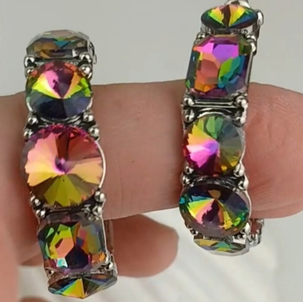 Iridescent Multifaceted Oil Spill Gorgeous Sparkly Stone Hoop Earrings